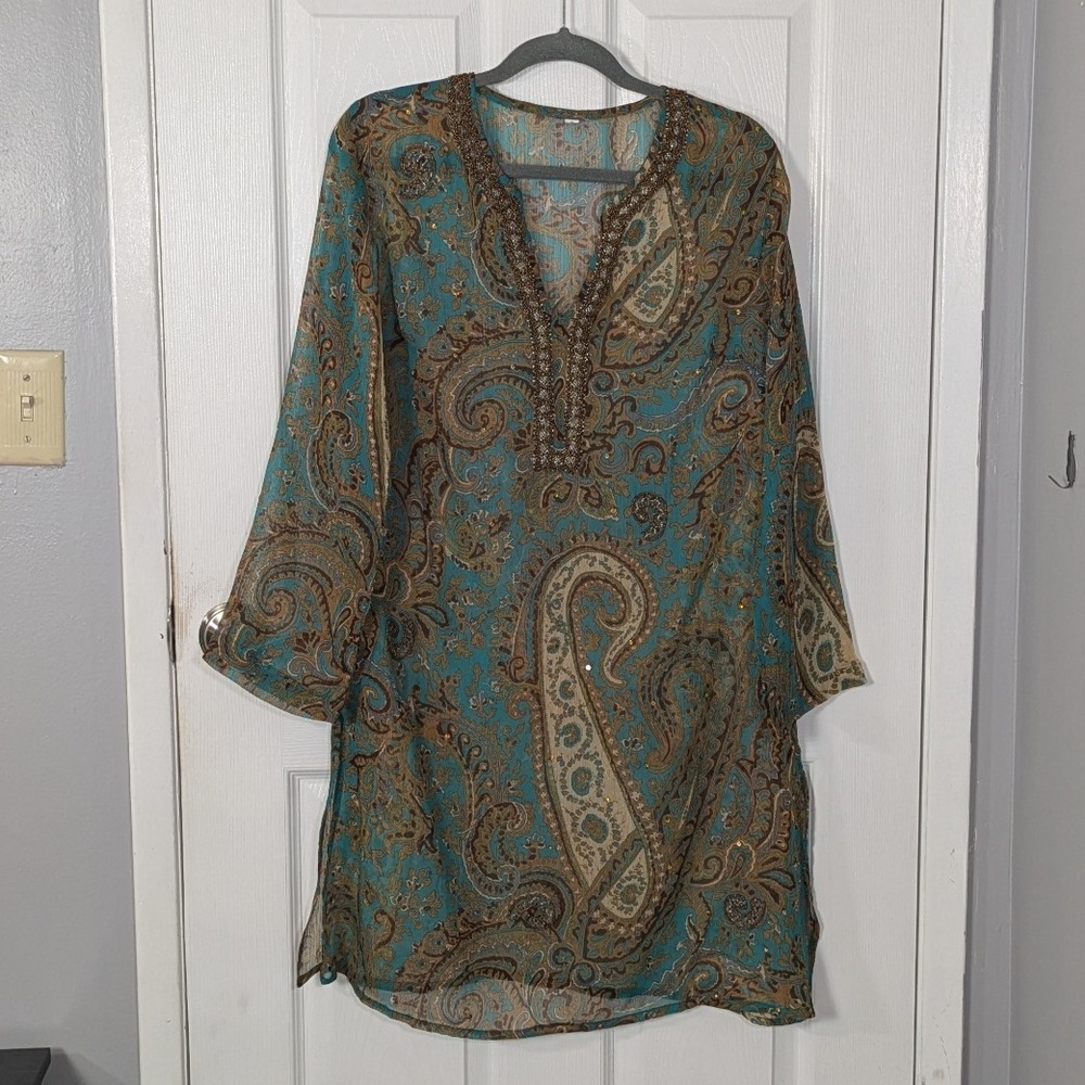 Beaded World Market Paisley Tunic Dress Split Neckline Bohemian Cover Up‎ Size S